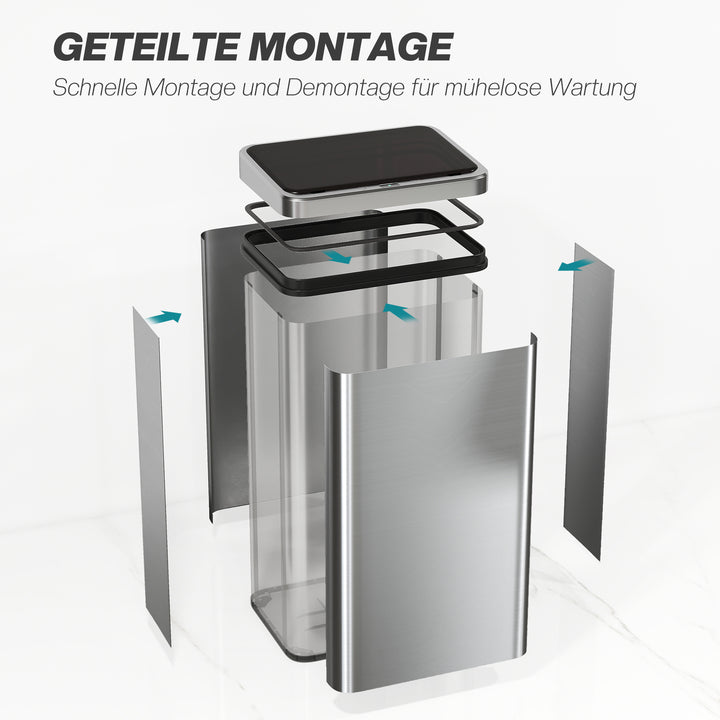 Sensoraktiveret 50L skraldespand i rustfrit stål med soft-close låg, bevægelsessensor, 35,5 x 26 x 67 cm, sølv