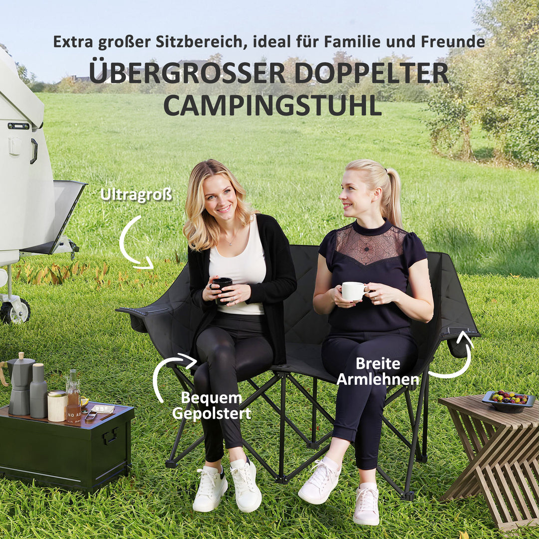 Klapstol, foldbar 2-personers campingstol med bæretaske, udendørs, lasteevne op til 250 kg, 145 x 60 x 92 cm, sort