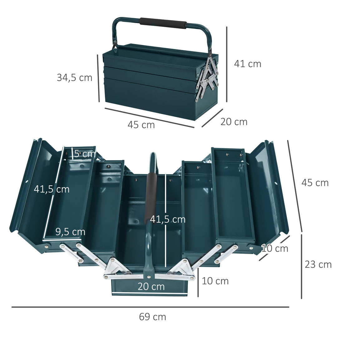 Værktøjskasse værktøjskuffert monteringsværktøjskasse tom pladsbesparende med 5 rum foldbar robust stål (spcc) mørkegrøn 45 x 20 x 34,5 cm