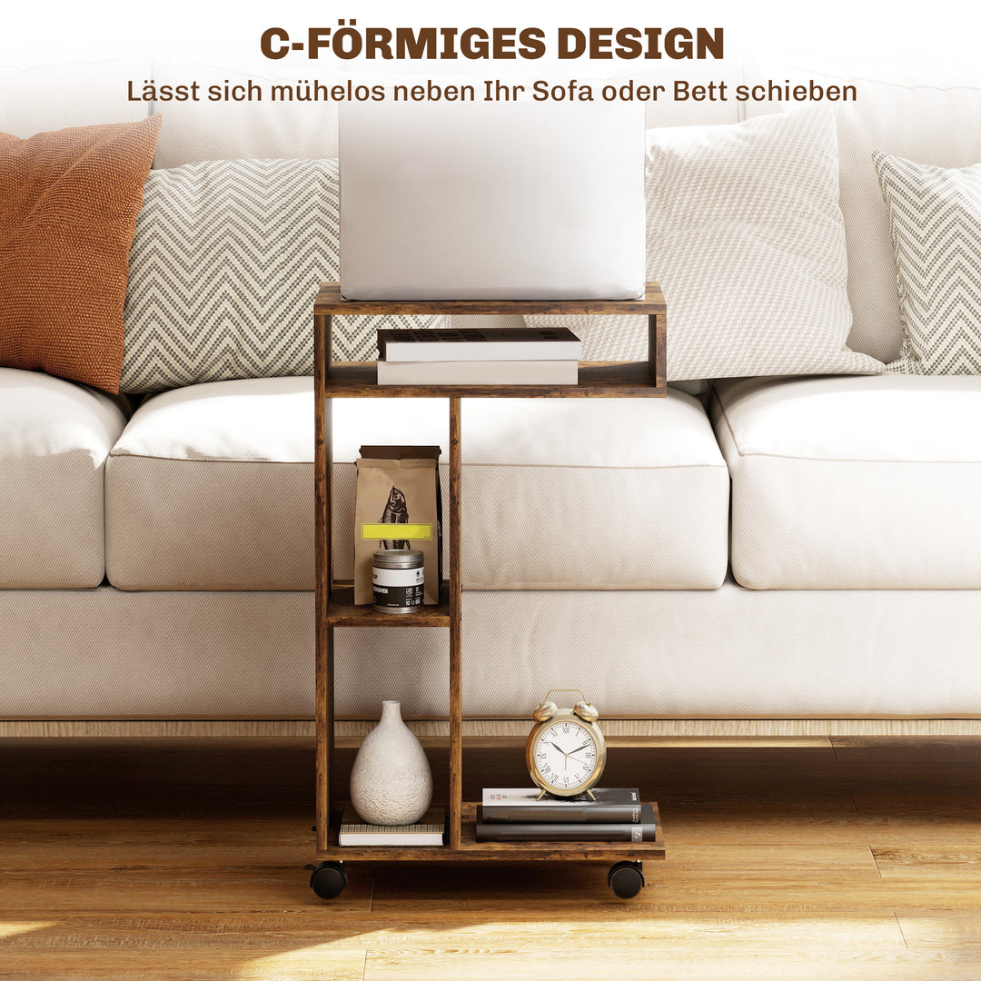 Sidebord, C-formet serveringsvogn, 4 hjul, 3 rum, 40 x 30 x 69 cm, rustik brun