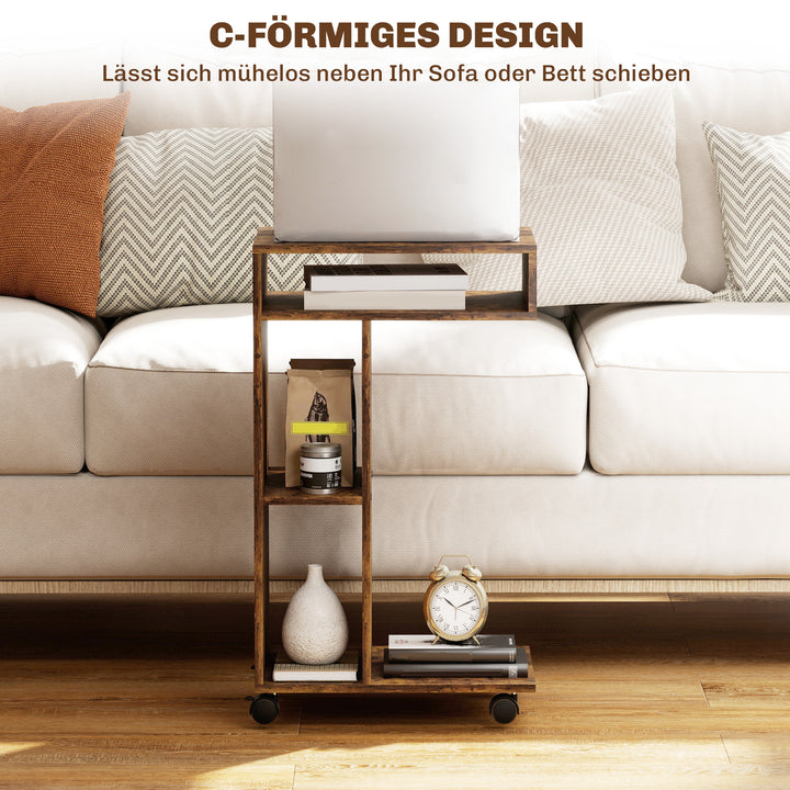 Sidebord, C-formet serveringsvogn, 4 hjul, 3 rum, 40 x 30 x 69 cm, rustik brun