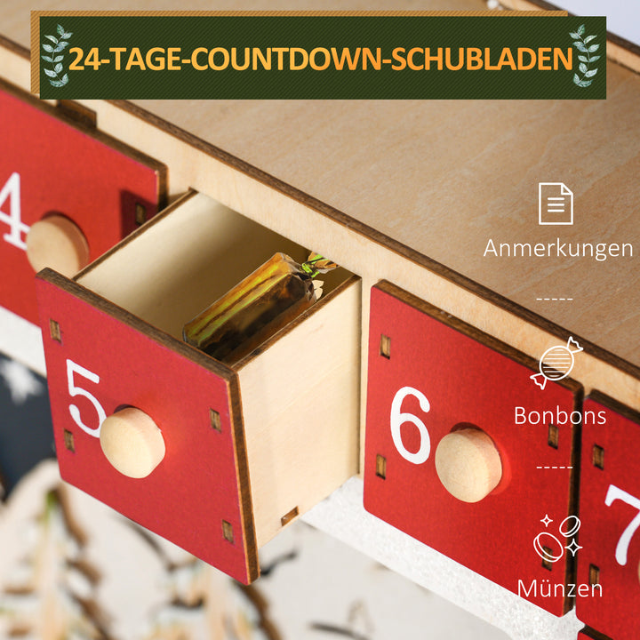 Led-julekalender med landsbyscene, 24 store skuffer, mdf, 34 x 7 x 34 cm, rød