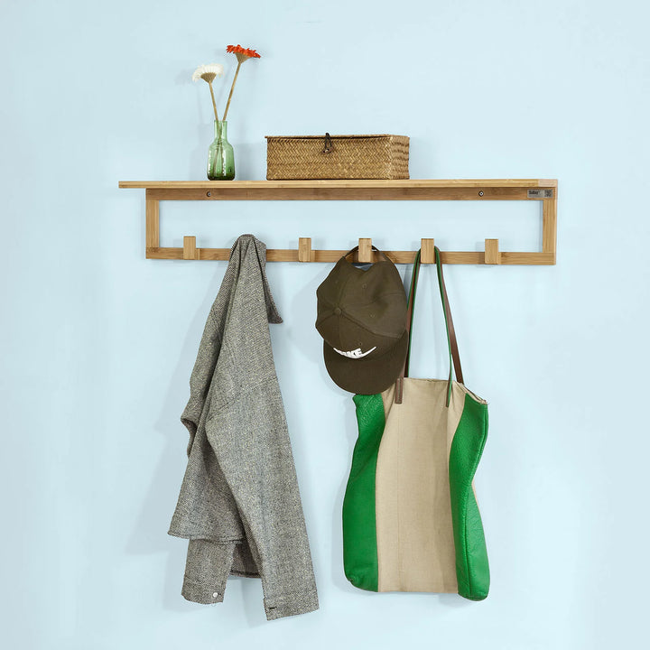 Møbelsæt til entré – skobænk og vægmonteret knagerække i bambustræ, naturfarvet