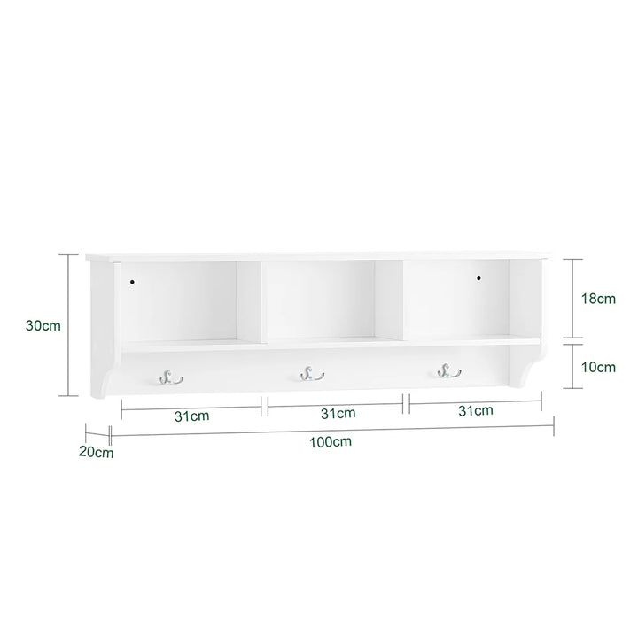 Vægknagerække med hattehylde og opbevaringsrum, L100xB20xH30 cm, hvid