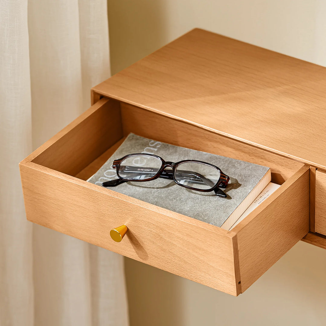 Massiv bøgetræ: den svævende væghylde med 2 skjulte skuffer, B60 x D20 x H10cm