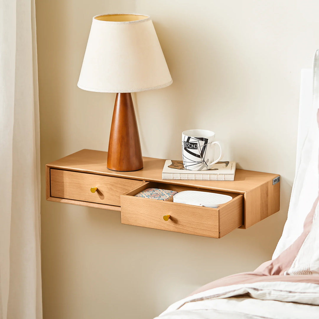 Massiv bøgetræ: den svævende væghylde med 2 skjulte skuffer, B60 x D20 x H10cm