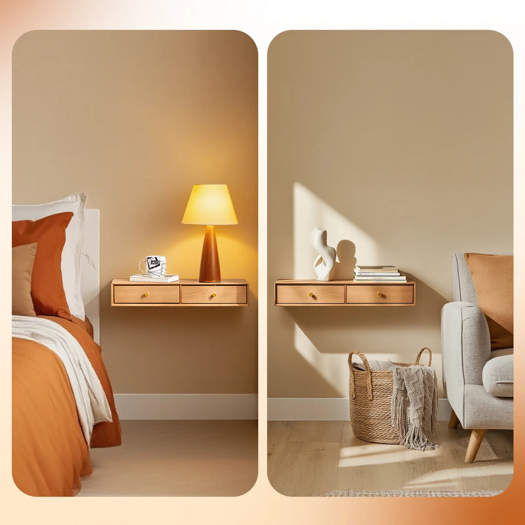 Massiv bøgetræ: den svævende væghylde med 2 skjulte skuffer, B60 x D20 x H10cm