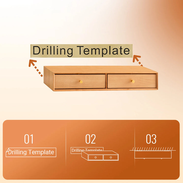 Massiv bøgetræ: den svævende væghylde med 2 skjulte skuffer, B60 x D20 x H10cm