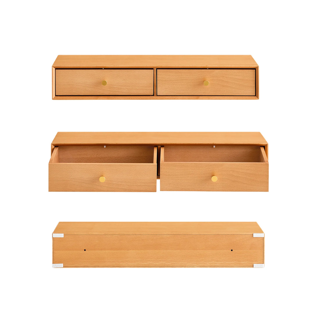 Massiv bøgetræ: den svævende væghylde med 2 skjulte skuffer, B60 x D20 x H10cm