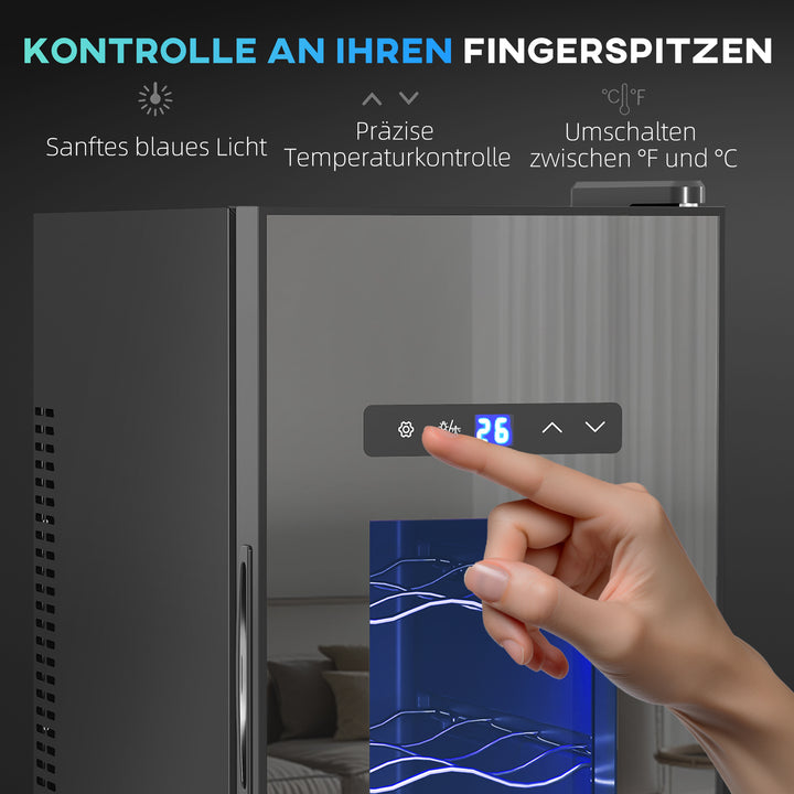 Vinkøler til 12 flasker med glasdør, drikkevarekøler med led-lys, touchskærm, sort