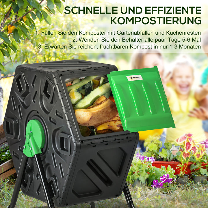 Kompostbeholder, 65 liter kompostbeholder, roterbar, kompakt, 24 ventilationshuller, stål, plastik, grøn+sort