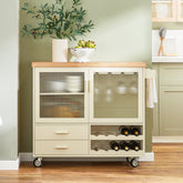Trendy og stilfuld køkkenø på hjul med vinhylder, 109x40x92 cm, beige