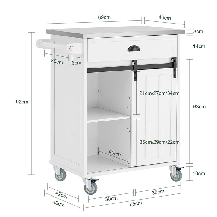 Smart serveringsvogn / køkkenø i industrielt look, stålbordplade, L69xB46xH92cm, hvid