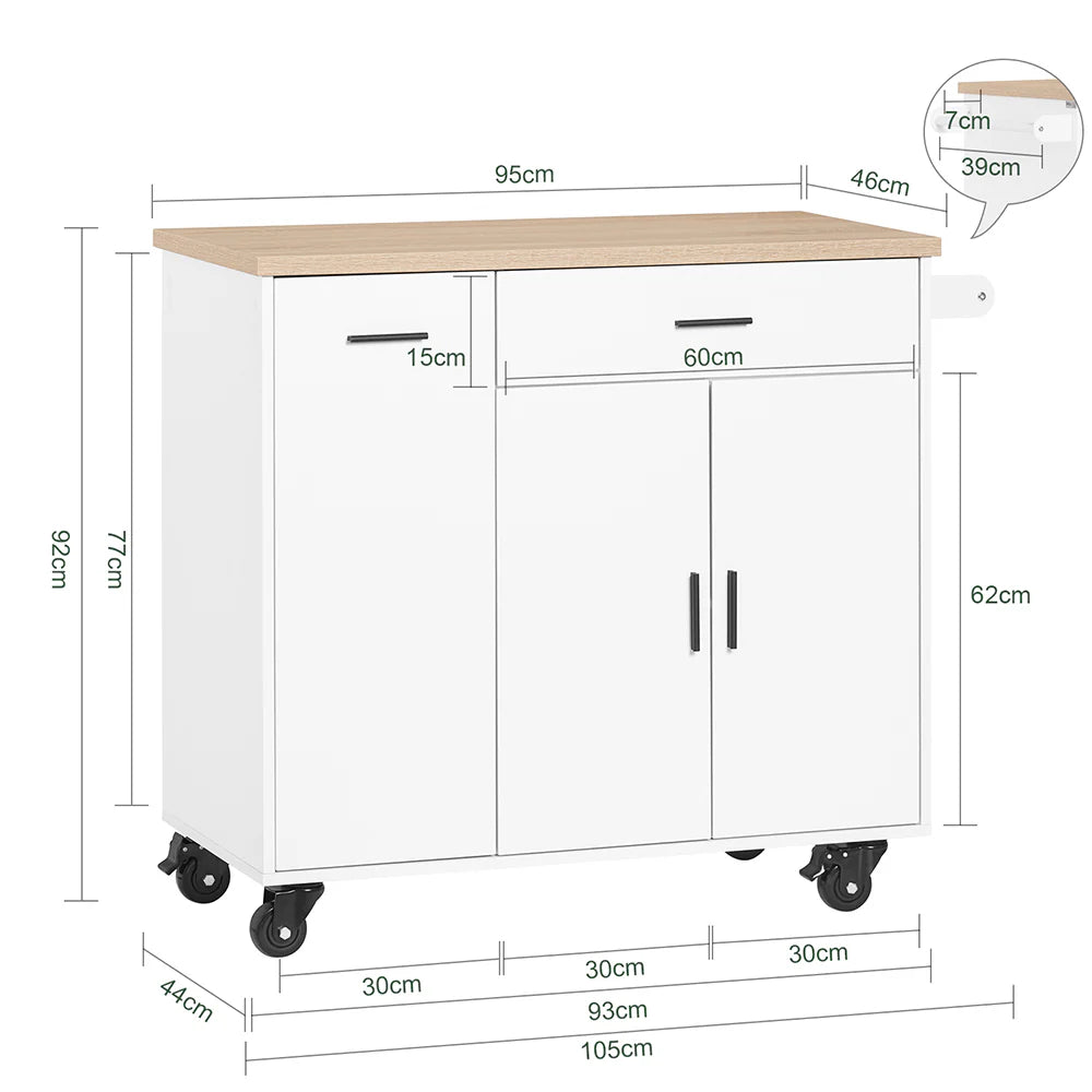 Køkkenø med Krydderihylde Trolley Skænk på hjul Hvid, 105x46x92 cm