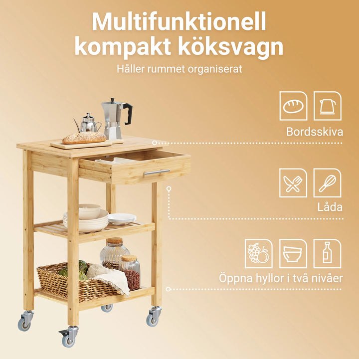 Køkkenvogn i karboniseret bambus – naturlig opbevaring på hjul