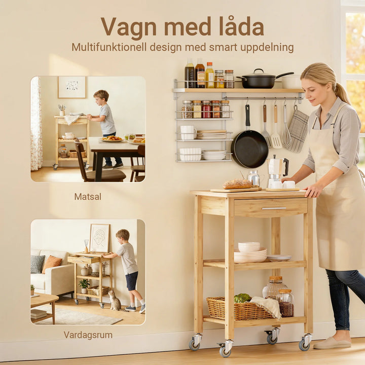 Køkkenvogn i karboniseret bambus – naturlig opbevaring på hjul