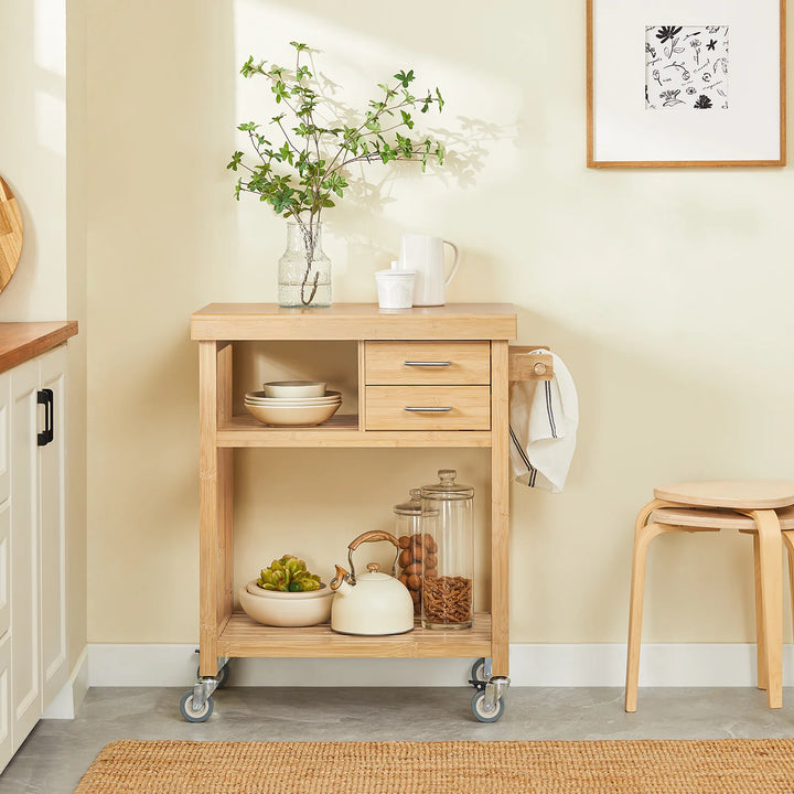 Elegant køkkenvogn i bambus, L73 x B45 x H92 cm, naturfarvet