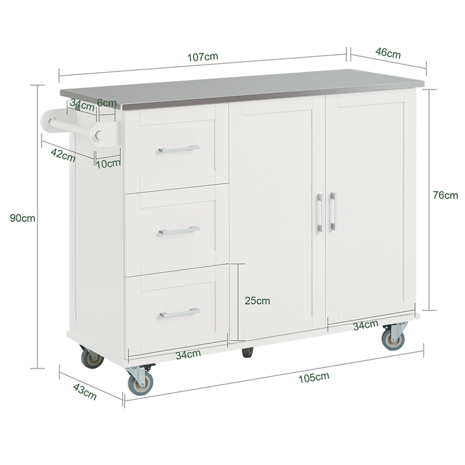 Køkkenø på hjul med 3 skuffer og stålbordplade, 115x46x90 cm, hvid