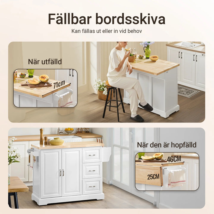 Køkkenø på hjul med udtrækkelig bordplade – 130 cm