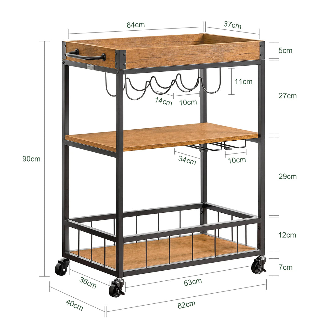 Elegant og funktionel serveringsvogn i industriel vintage-stil, B79 x D40 x H90 cm, brun