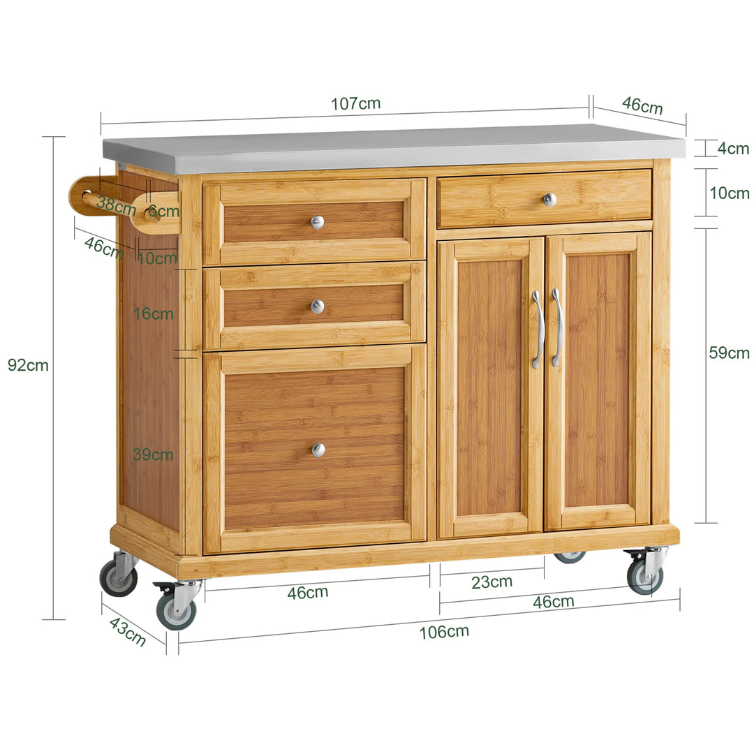 Elegant køkkenø med stålbordplade, bambustræ, B115 x D46 x H92 cm, naturfarvet