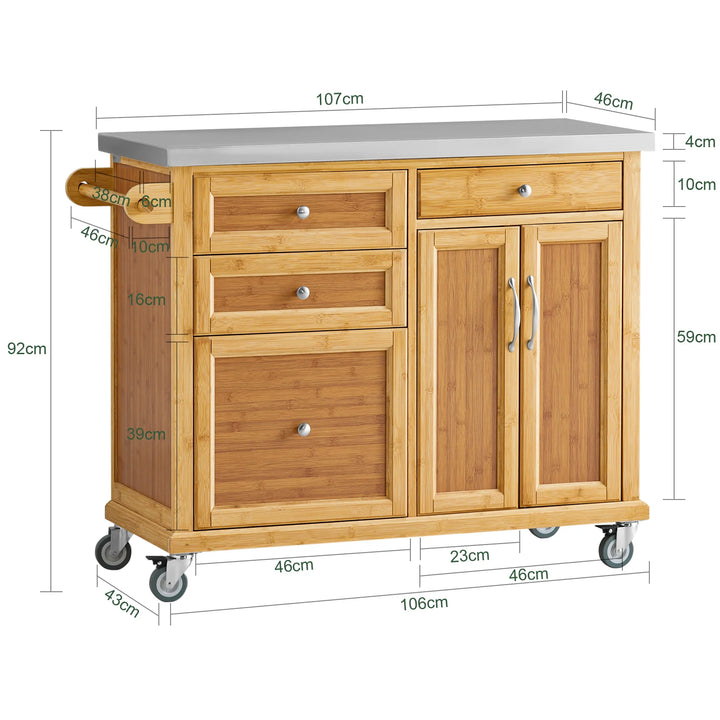 Elegant køkkenø med stålbordplade, bambustræ, B115 x D46 x H92 cm, naturfarvet