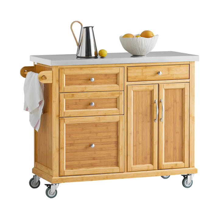 Elegant køkkenø med stålbordplade, bambustræ, B115 x D46 x H92 cm, naturfarvet