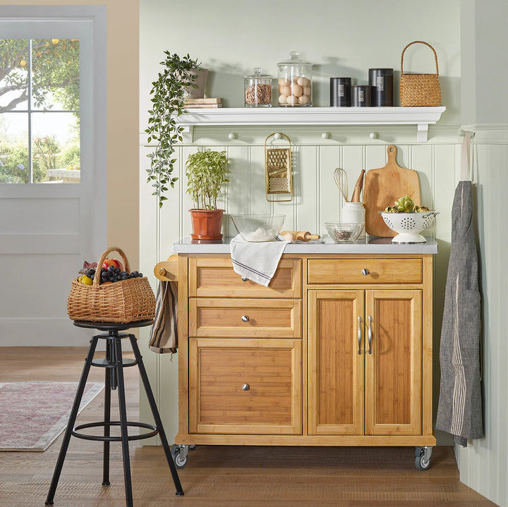 Elegant køkkenø med stålbordplade, bambustræ, B115 x D46 x H92 cm, naturfarvet