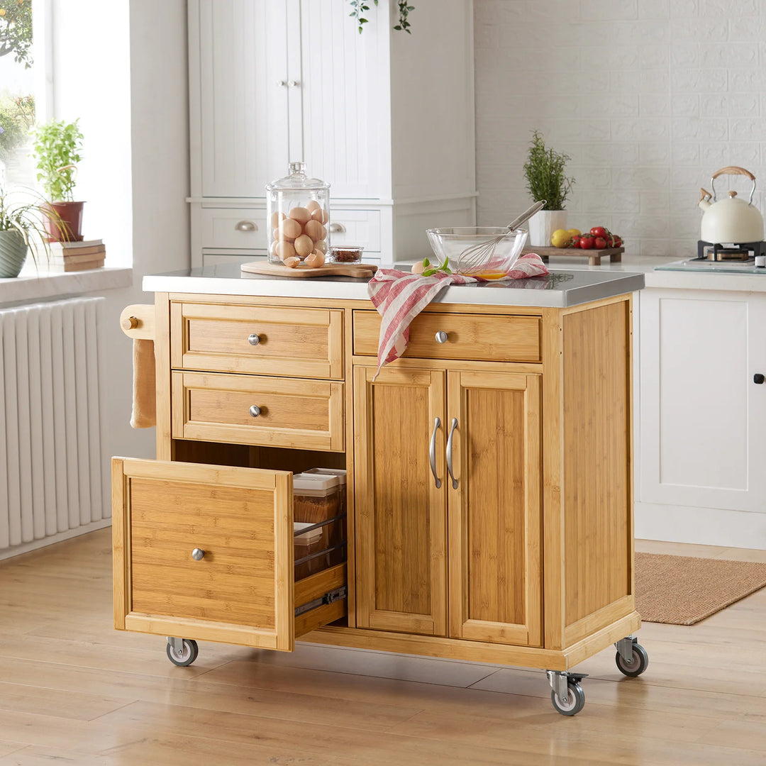 Elegant køkkenø med stålbordplade, bambustræ, B115 x D46 x H92 cm, naturfarvet