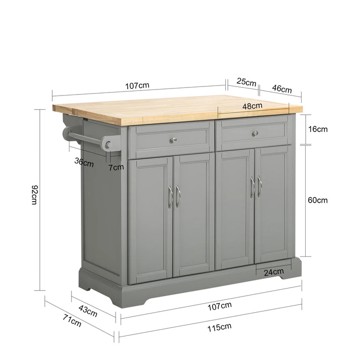 Udvidelig køkkenvogn i moderne design, B115 x D46/71 x H92 cm, grå