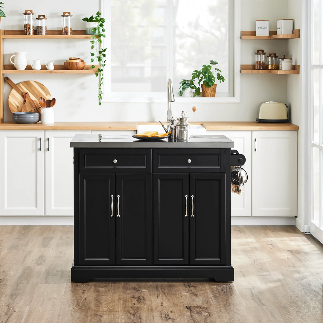 Sort køkkenø på hjul med udtrækkelig bordplade – 115 cm
