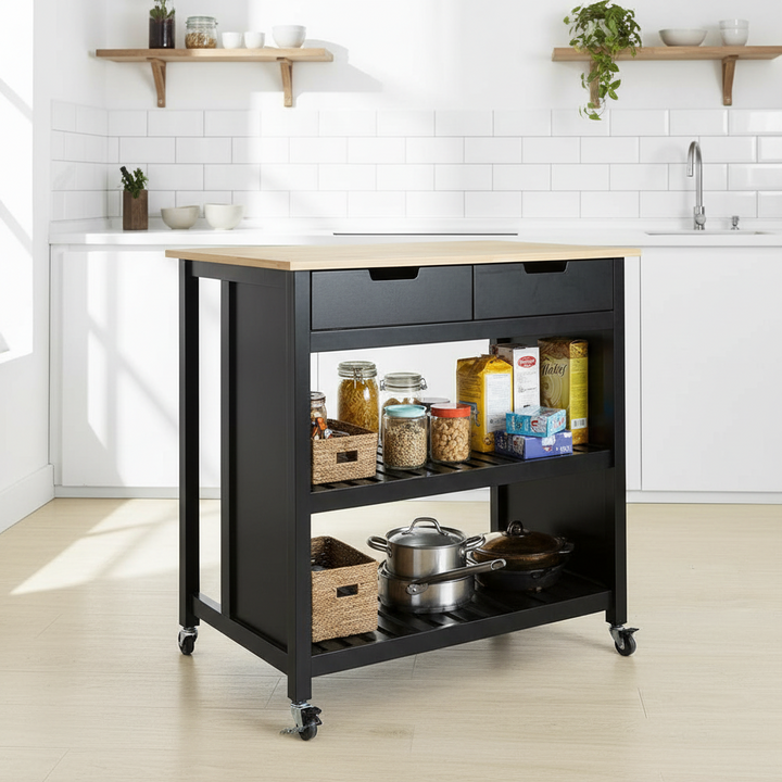 Køkkenø på Hjul med 2 Skuffer – 100x60x94 cm Sort | Hevea Træbordplade