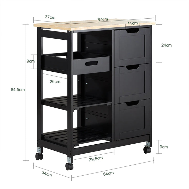 Køkkenø på hjul / køkkenvogn / serveringsvogn, 68x38x85 cm, sort