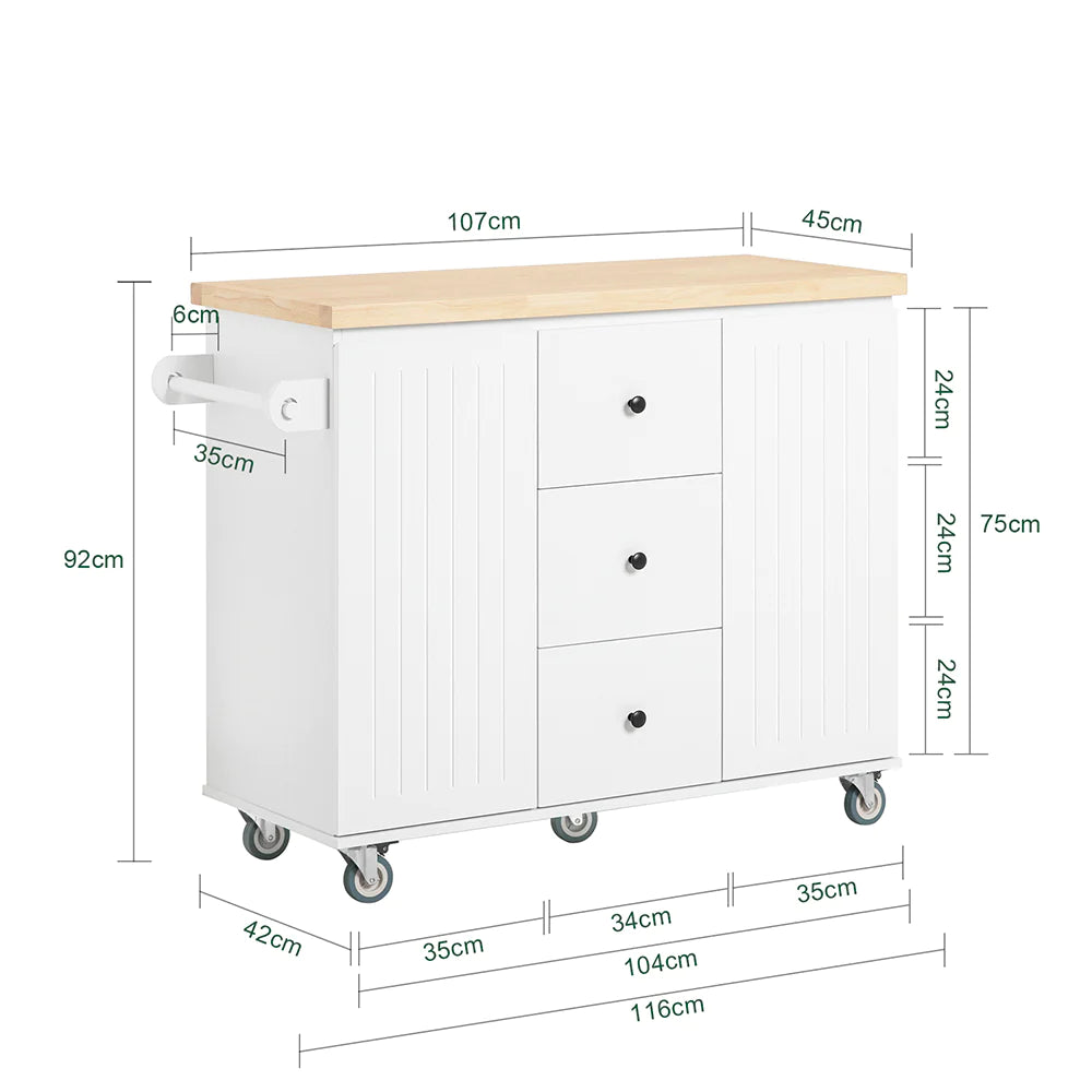 Køkkenø på Hjul, 116x46x92 cm, hvid