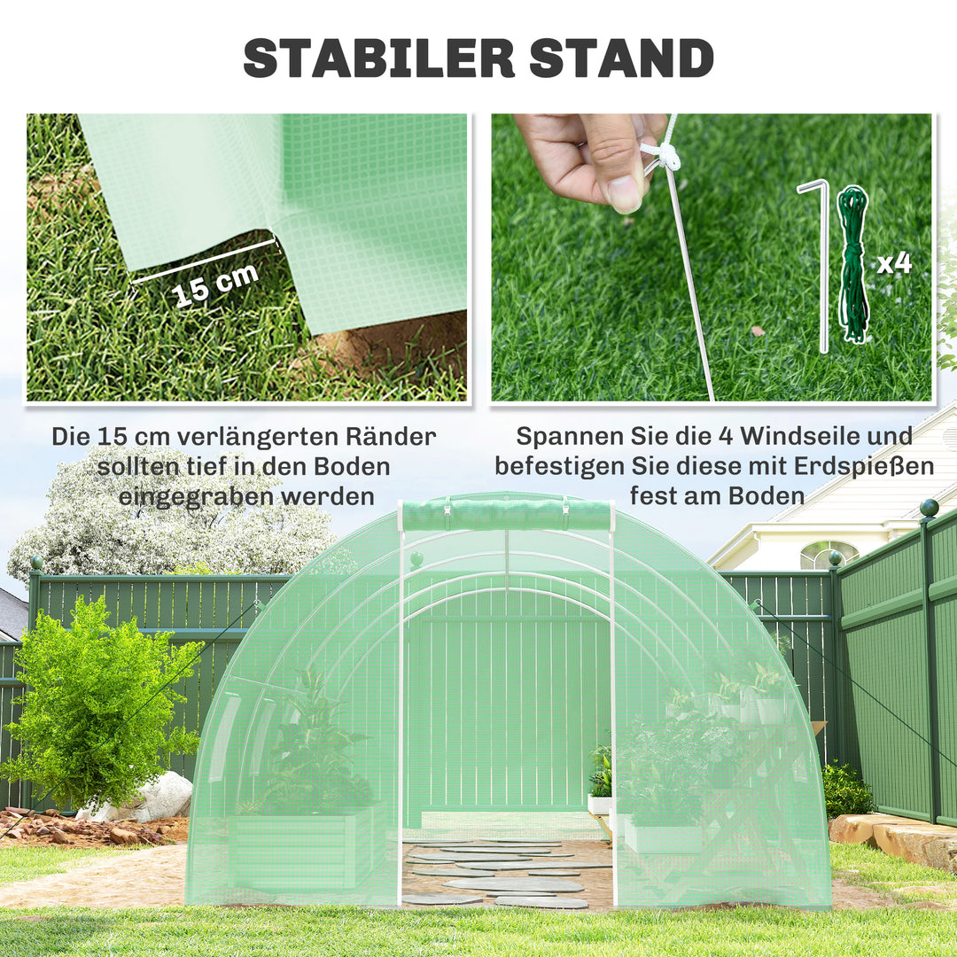 Drivhus i polytunnel med walk-in-funktion, 8 vinduer med insektnet, robust film, stålramme, 6 x 3 x 2 m, grøn