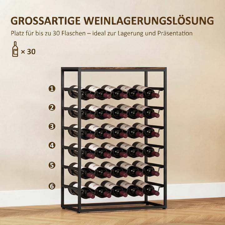 Vinreol til 30 flasker, fritstående metalflaskereol til kælder/opbevaringsrum, 59 x 30 x 88,5 cm, rustik brun
