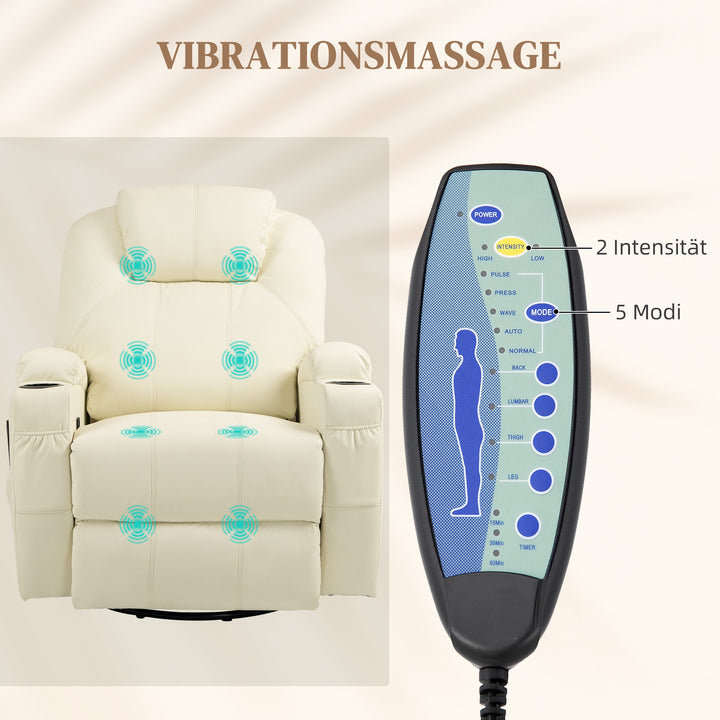 Lænestol med massagefunktion, vipbart ryglæn, drejelig, op til 150 kg, kunstlæder, cremehvid
