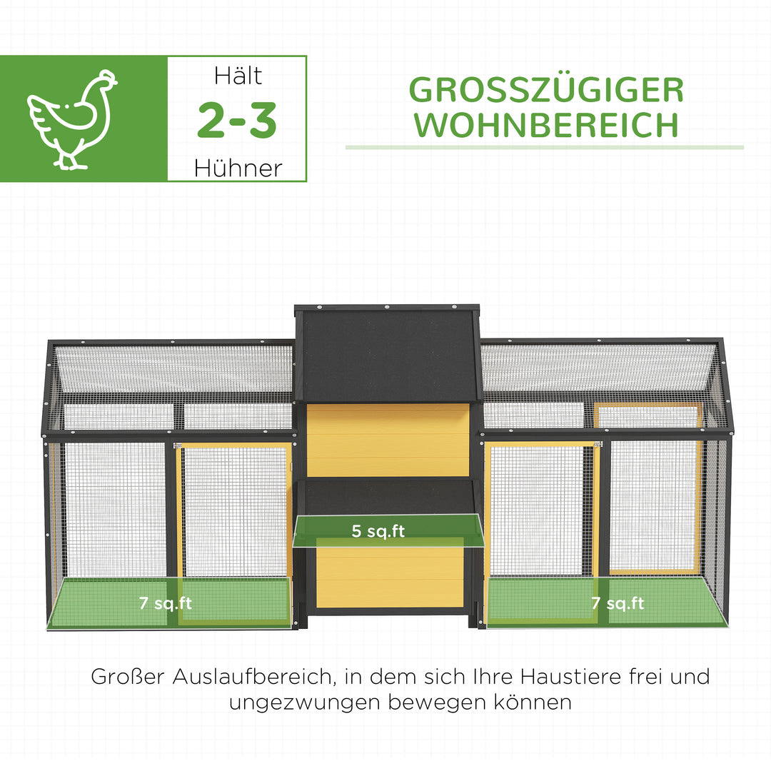 Hønsehus til smådyr 2 udendørs indhegninger, 1 redekasse, 2 ramper, asfalttag, vejrbestandig, gul