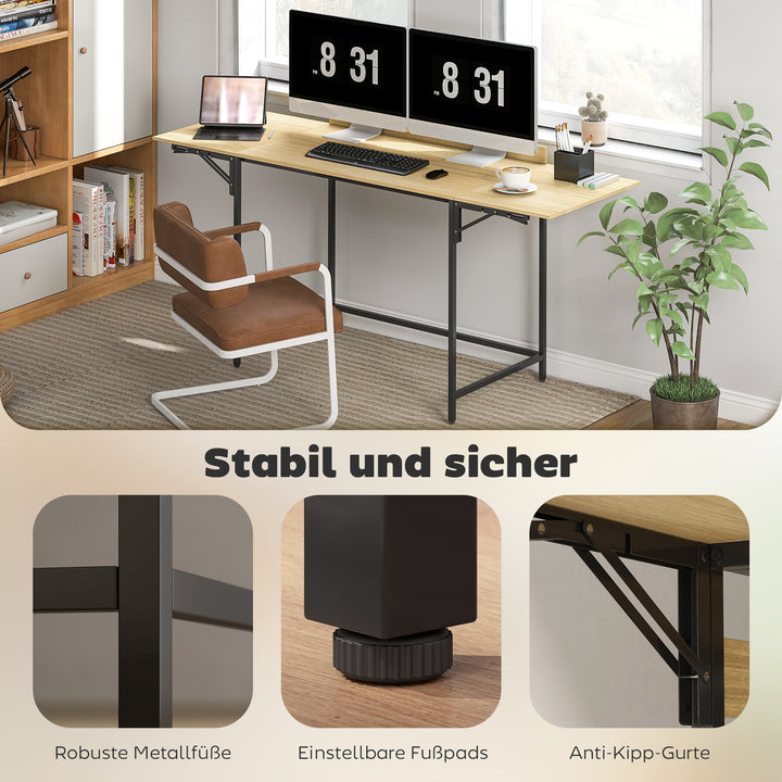 Foldbart computerbord med 2 forlængerpaneler, masser af plads til skærme, metalben, robust konstruktion, eg+sort