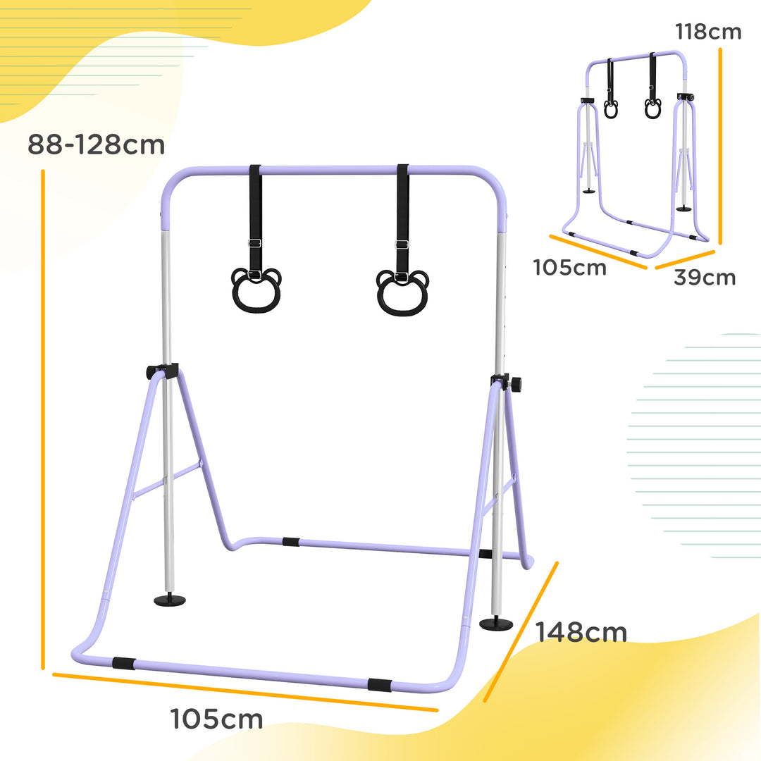 Børne parallelle stænger med ringe, højdejusterbare, foldbare, skridsikkert, stålstel, 148x105x88-128 cm, lyserød