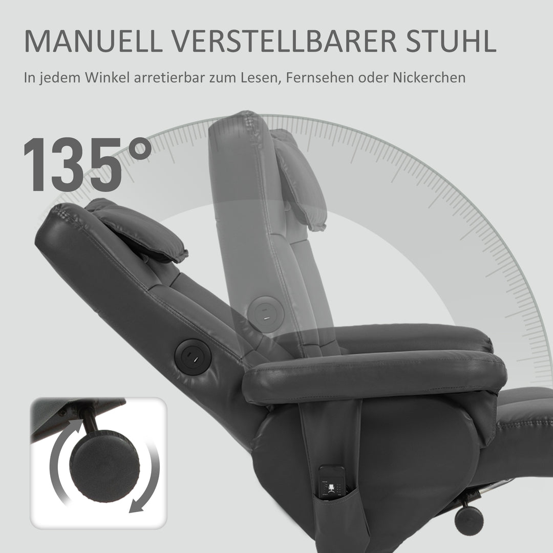 Massagestol med skammel, justerbar ryglæn, usb-opladeport, læderlook, op til 150 kg, sort