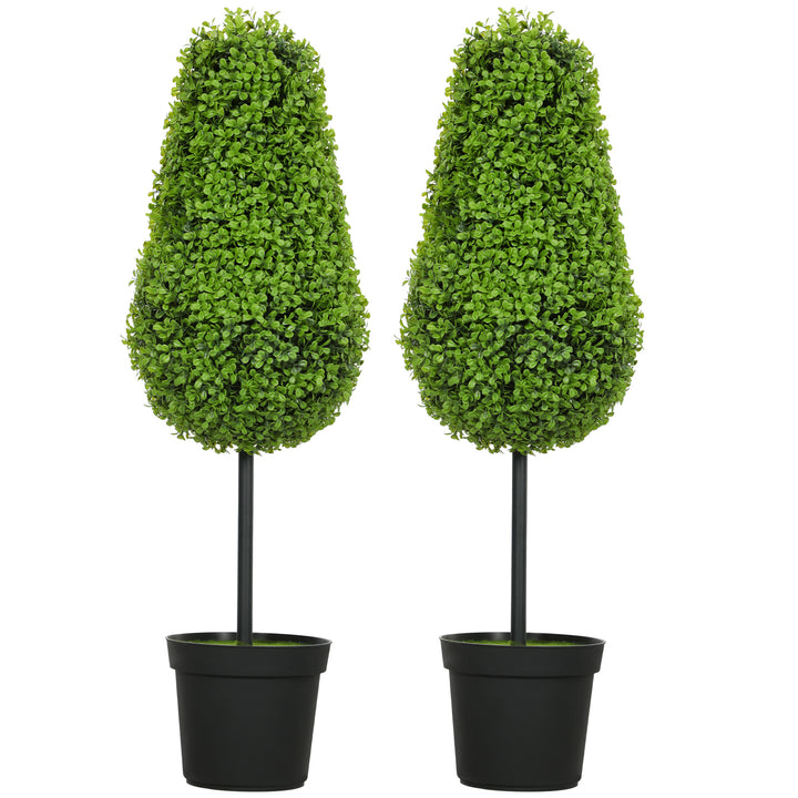 Sæt med 2 kunstige buksbomplanter 90 cm i dråbeform, kunstige plastikplanter i potte, moderne dekoration