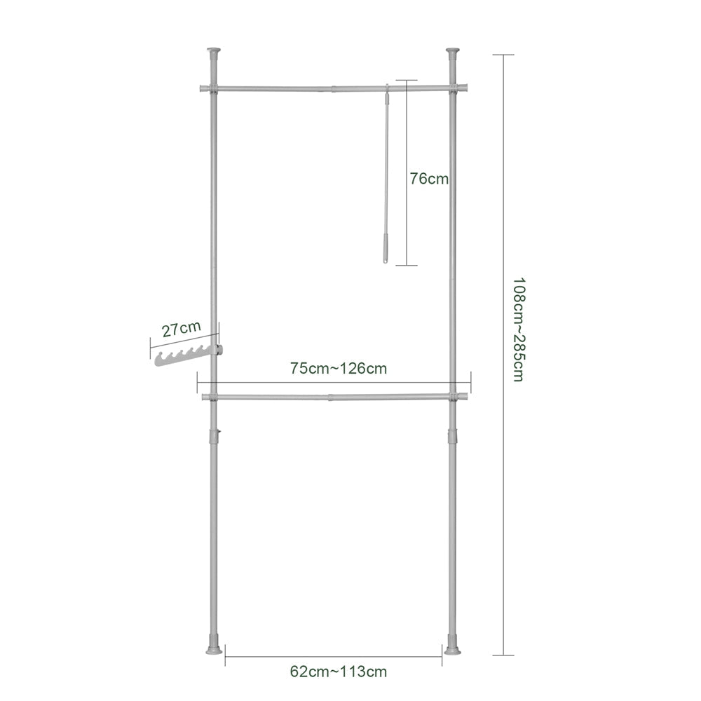 Teleskopisk garderobestativ/tøjstativ, Bredde: 75-122 cm, Højde: 200-270 cm