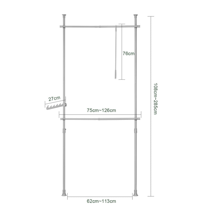 Teleskopisk garderobestativ/tøjstativ, Bredde: 75-122 cm, Højde: 200-270 cm