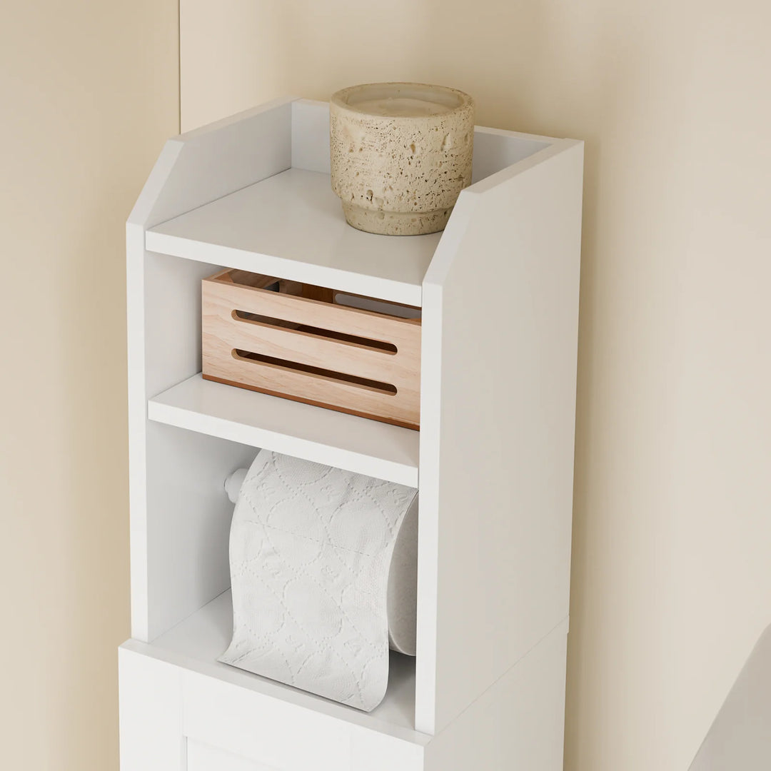 Smalt badeværelsesskab med toiletpapirholder – perfekt til små badeværelser