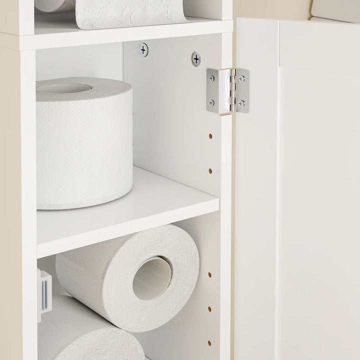 Smalt badeværelsesskab med toiletpapirholder – perfekt til små badeværelser