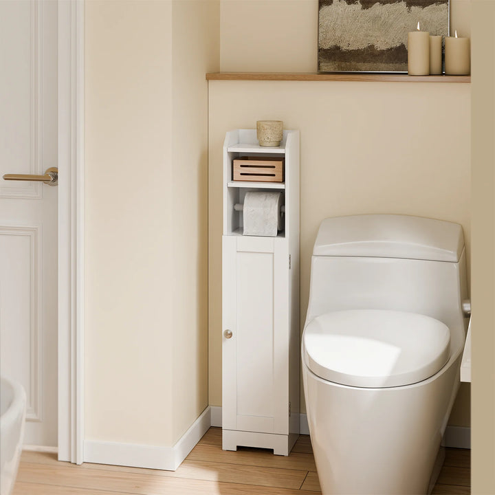Smalt badeværelsesskab med toiletpapirholder – perfekt til små badeværelser