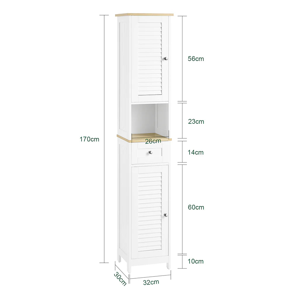 Pladsbesparende badeværelsesskab i skandi-design, L29xB29xH170 cm, hvid