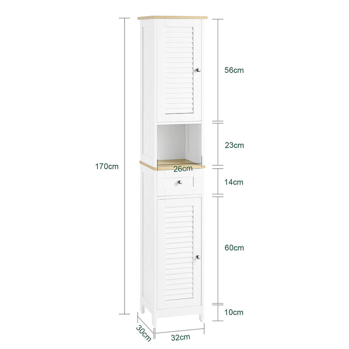 Pladsbesparende badeværelsesskab i skandi-design, L29xB29xH170 cm, hvid