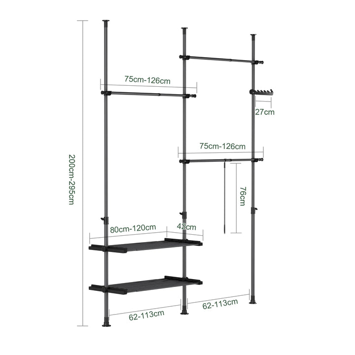 Stabil og justerbar teleskopisk garderobe i sort – åben tøjstang med hylder og kroge til soveværelse eller walk-in-closet
